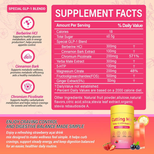Cutting Drink Mix – Satiety & Metabolism Support | Berberine, Chromium, FOS, Yerba Mate & 5-HTP | Gut Health & Energy | Sugar-Free, Vegan, Non-GMO | Strawberry Açaí | 30 Sticks